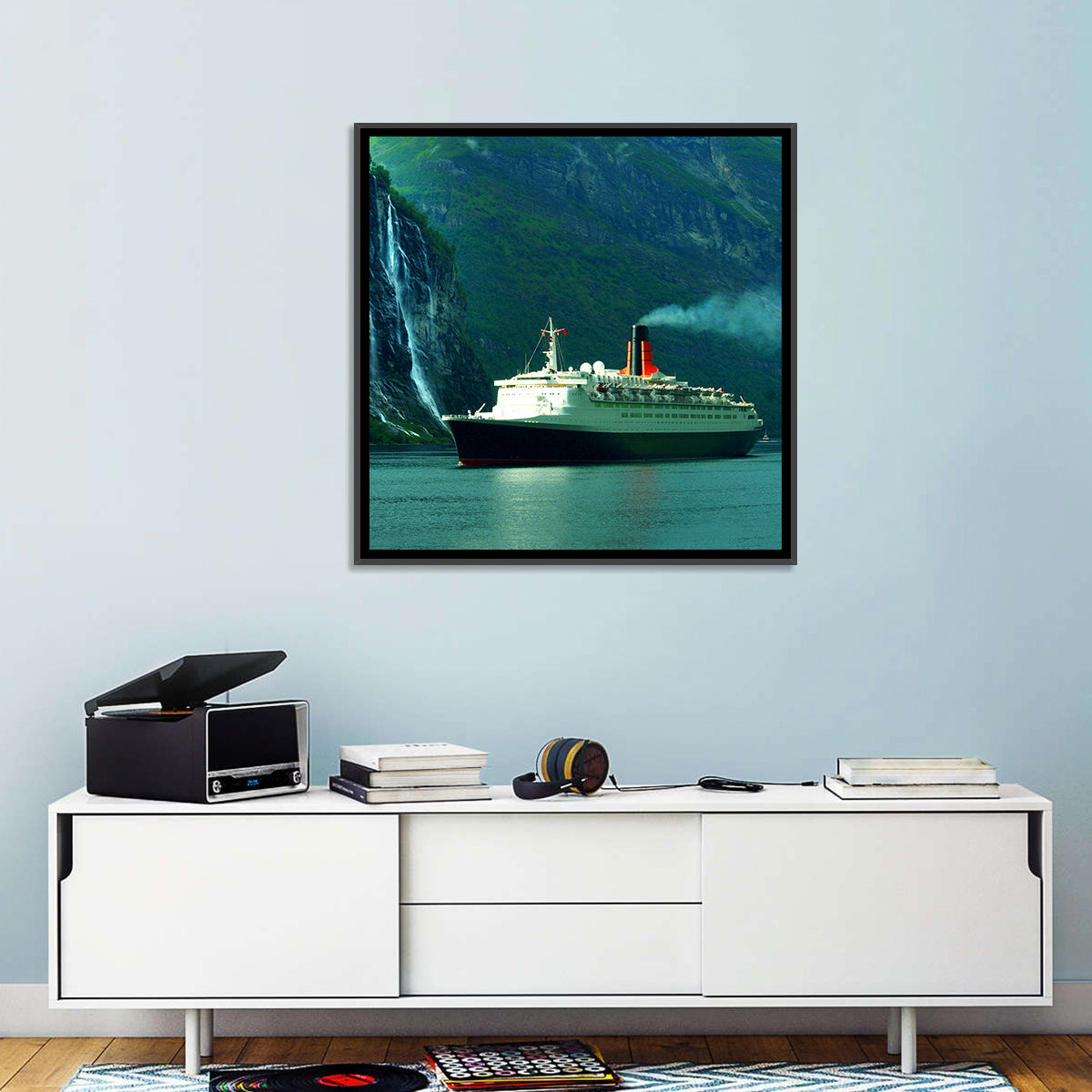 Cruise Ship at Geiranger Fjord Wall Art in a room, landscape