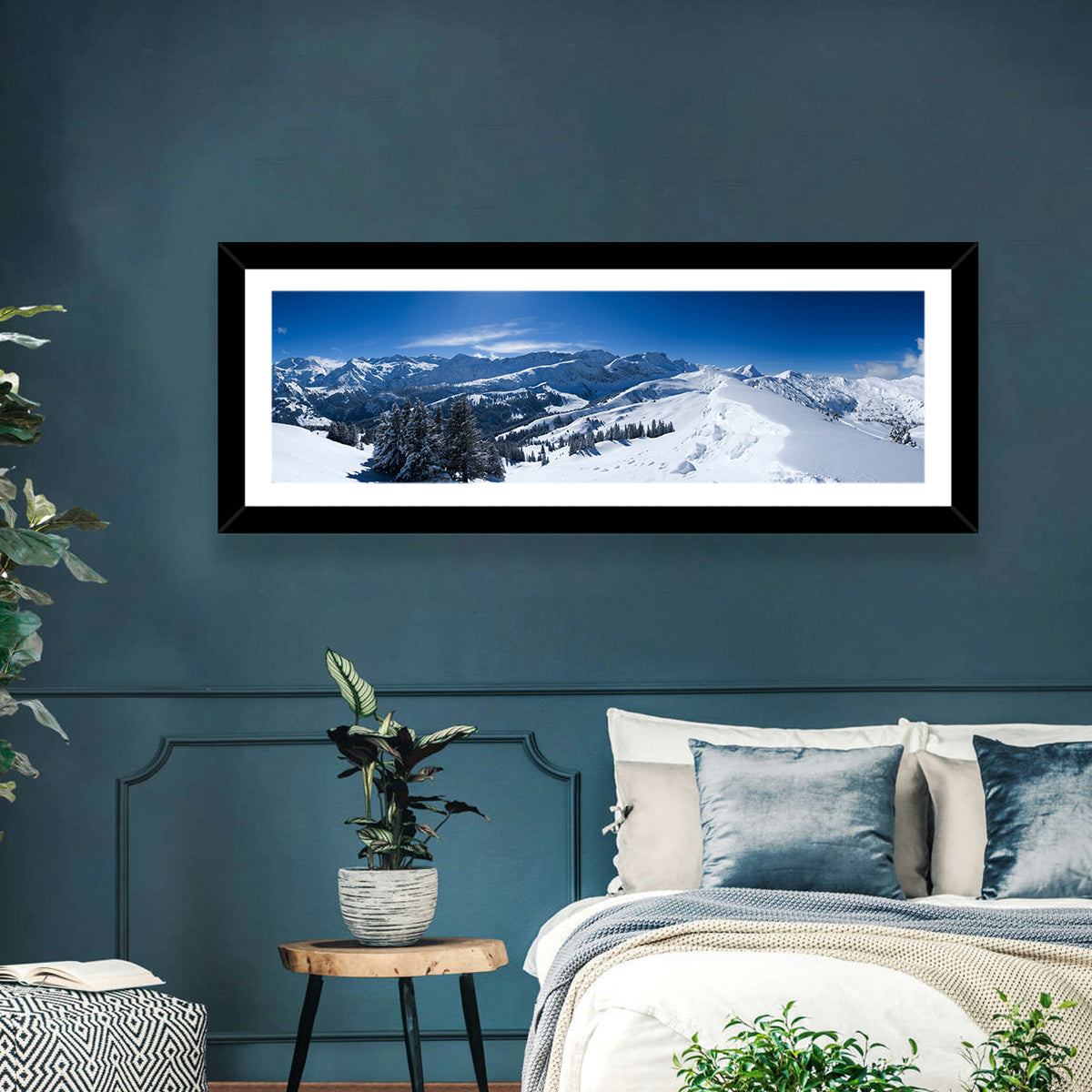 Snowy Bernese Alps Wall Art in a room, panoramic