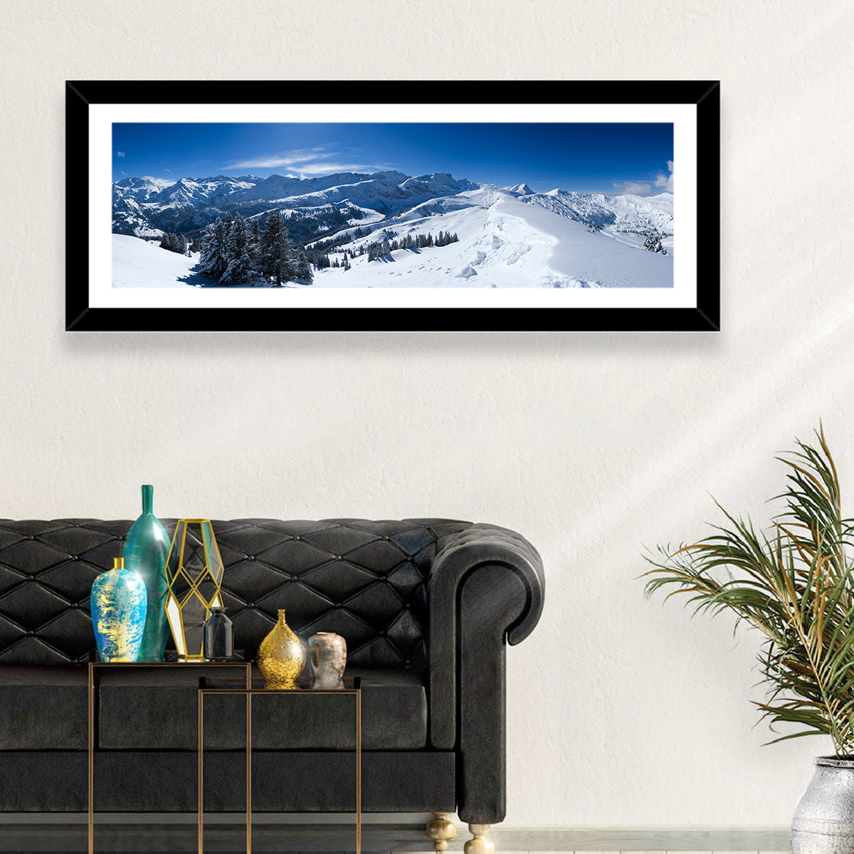 Snowy Bernese Alps Wall Art in a room, panoramic