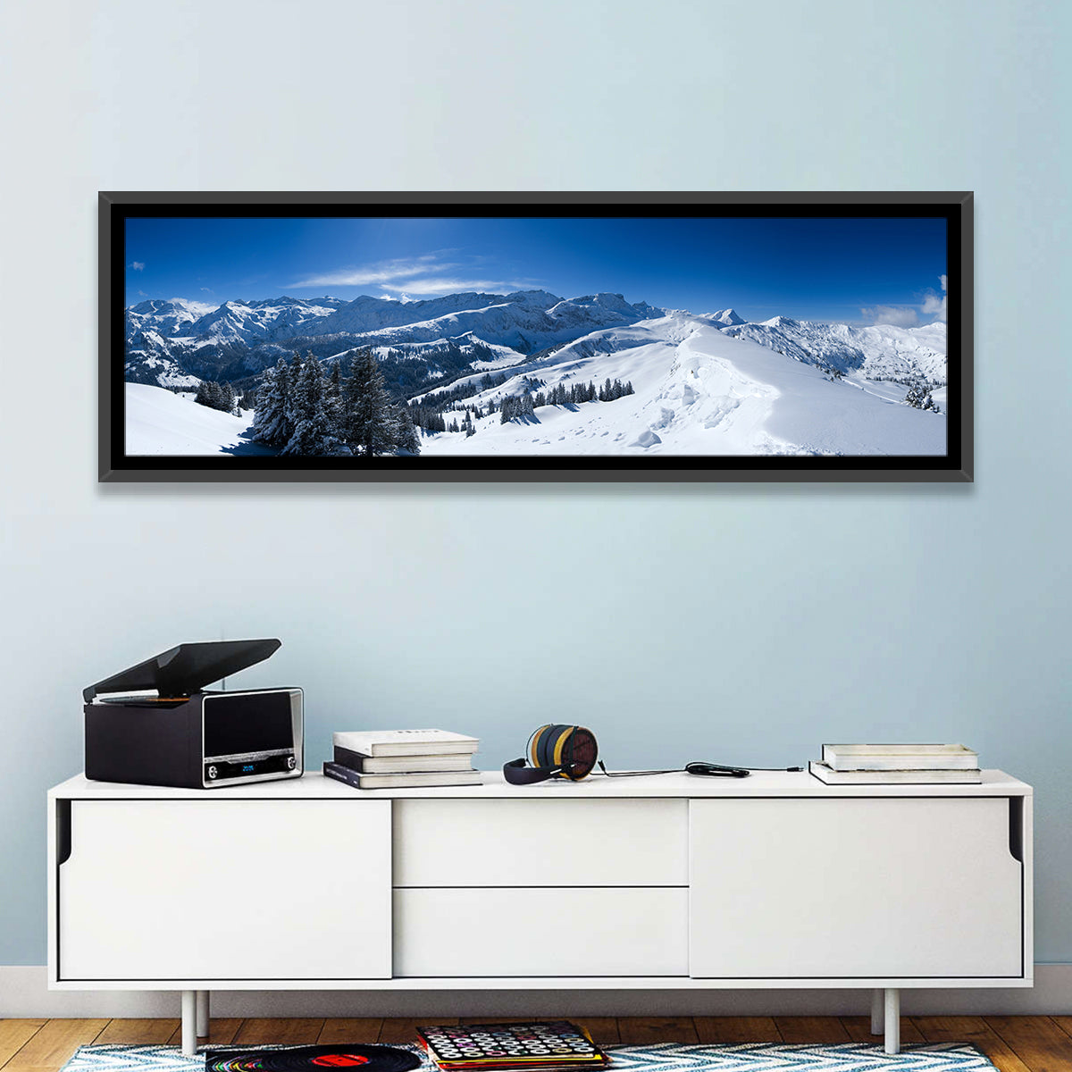 Snowy Bernese Alps Wall Art in a room, panoramic