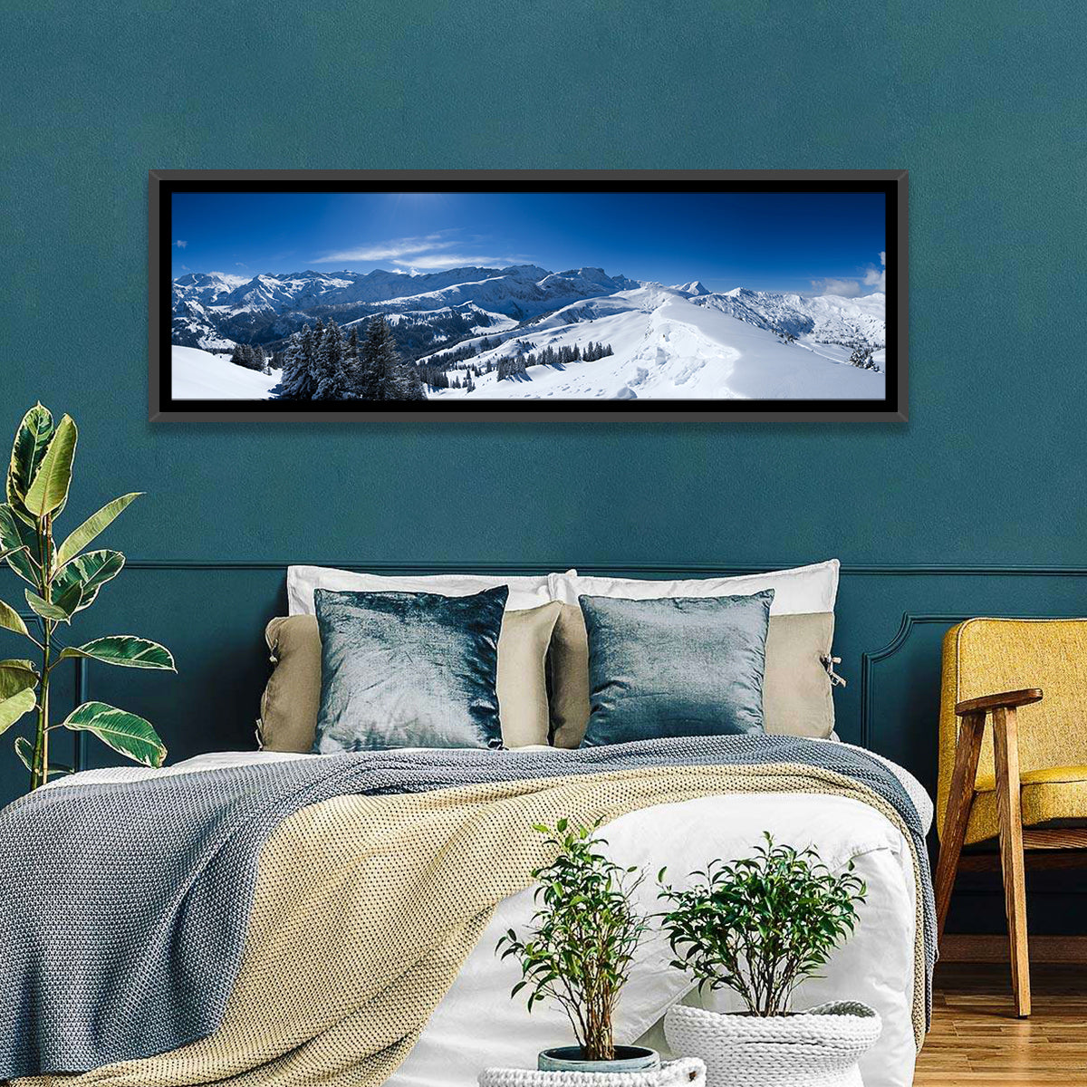 Snowy Bernese Alps Wall Art in a room, panoramic