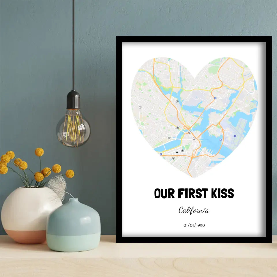 Boston First Kiss Map Canvas Wall Art, black frame