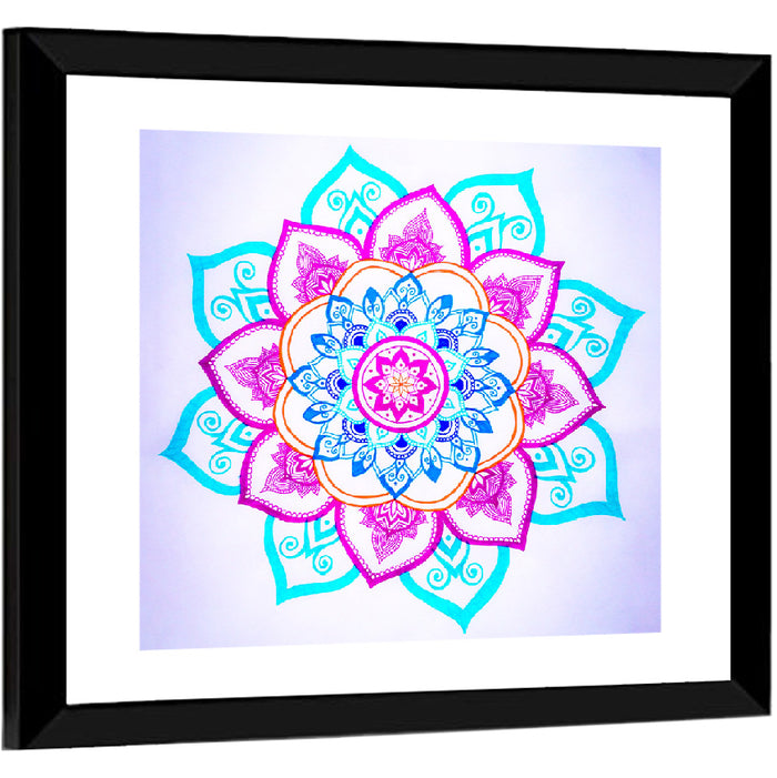 Vibrant Hand-drawn Mandala Flower Pattern Wall Art as a framed print