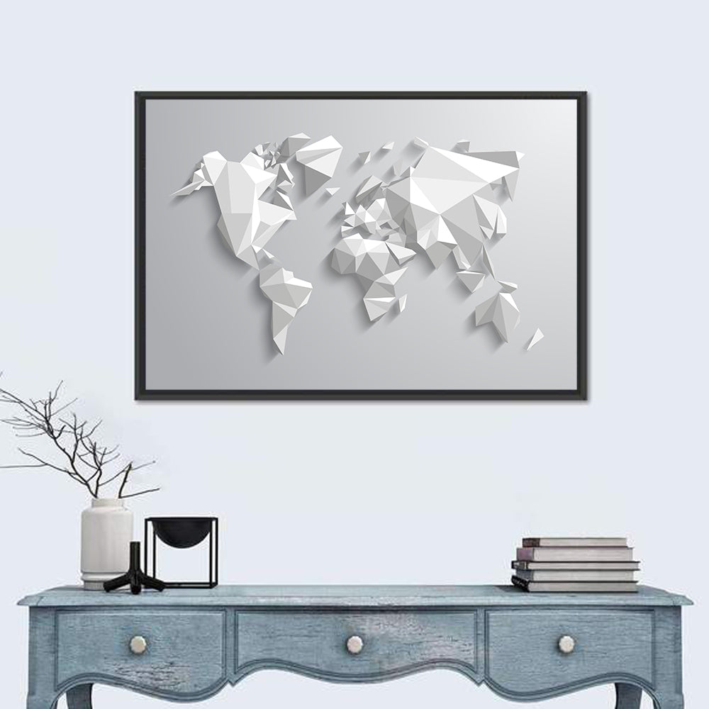 Faceted Triangular World Map Wall Art in a room, landscape
