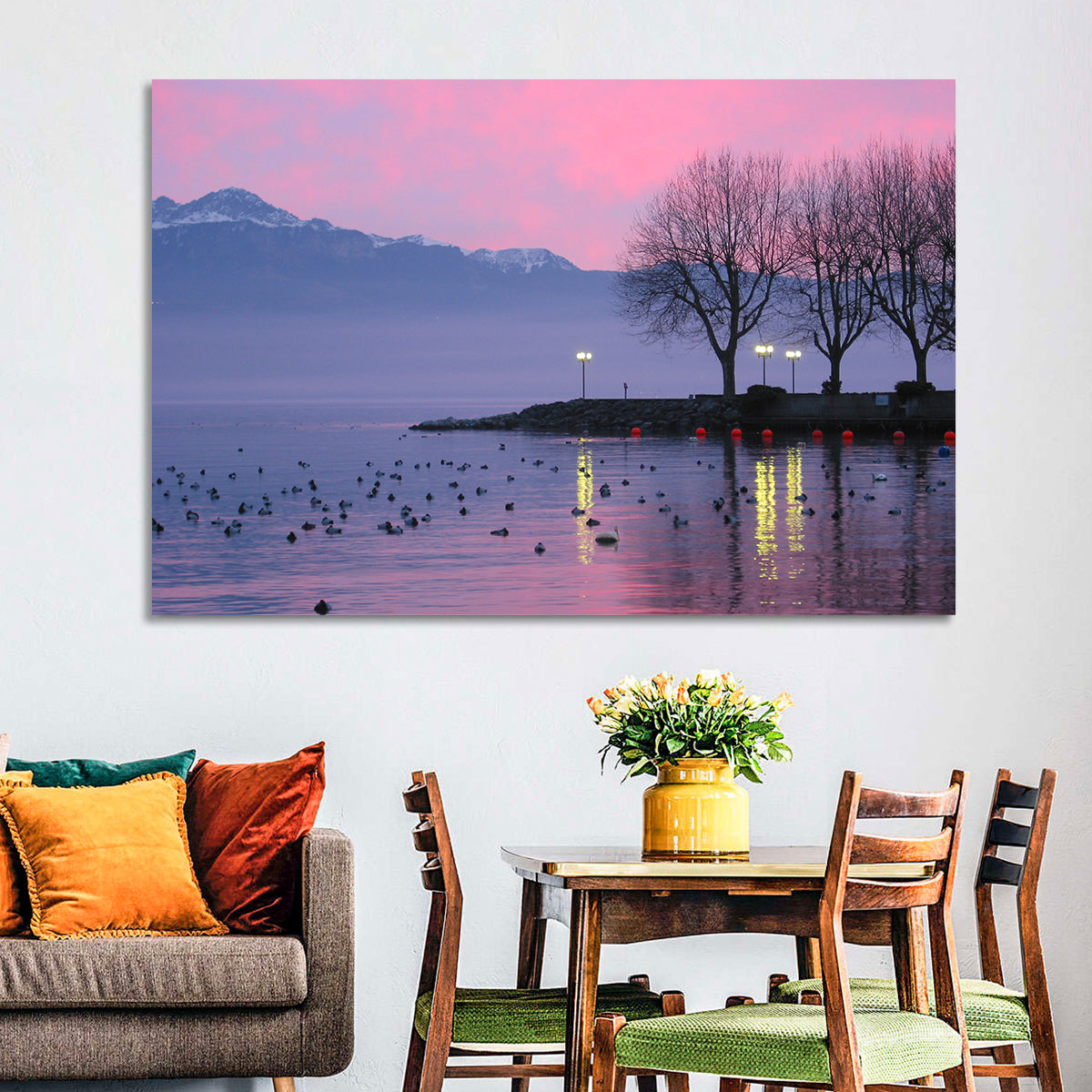Lake Geneva Twilight Wall Art in a room, landscape