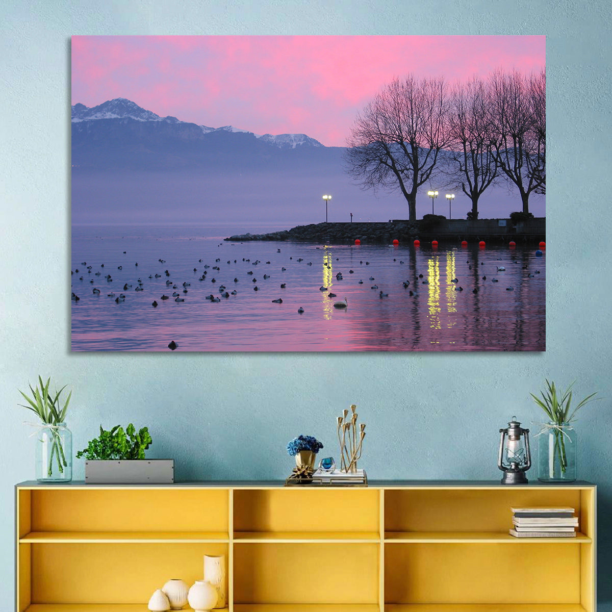 Lake Geneva Twilight Wall Art in a room, landscape