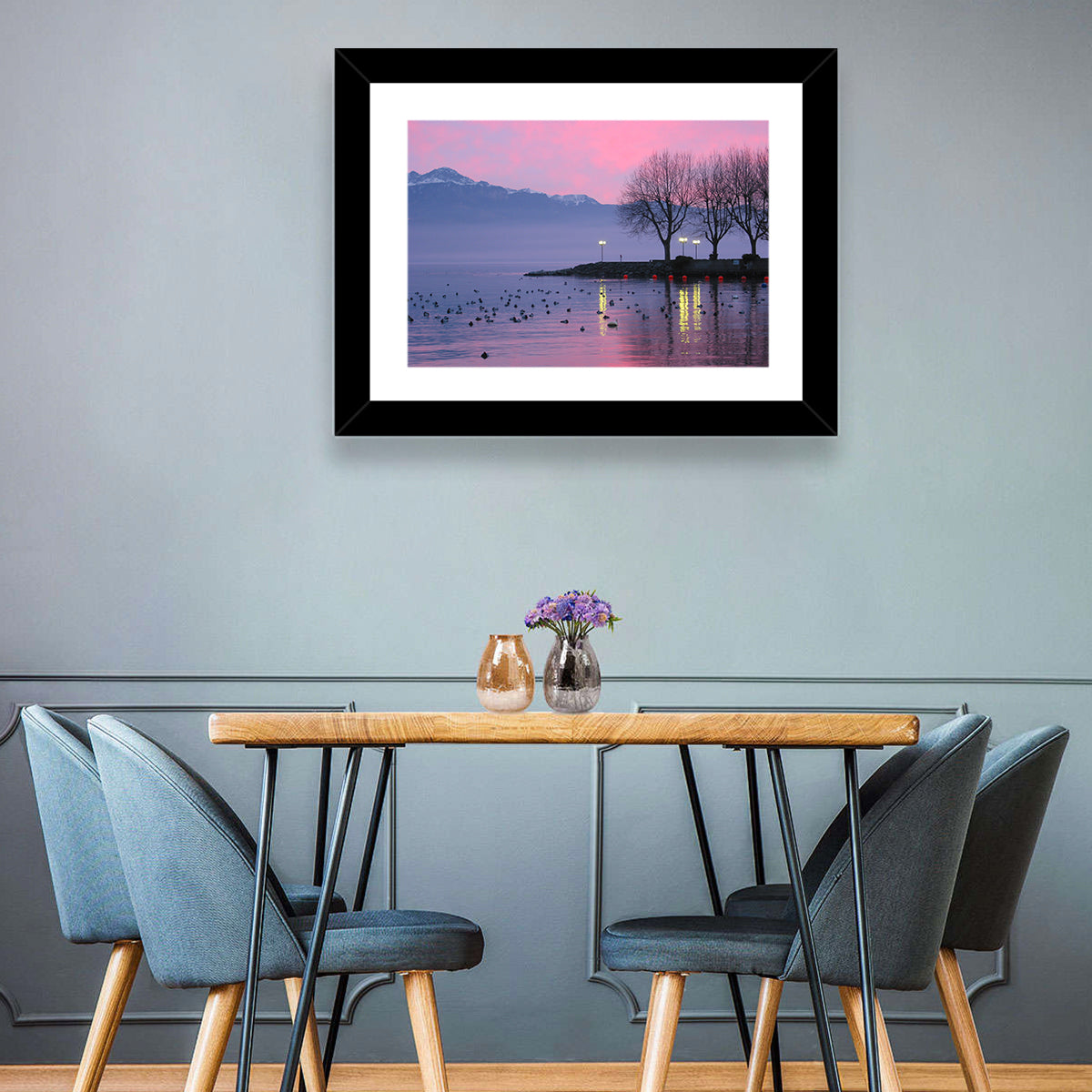 Lake Geneva Twilight Wall Art in a room, landscape