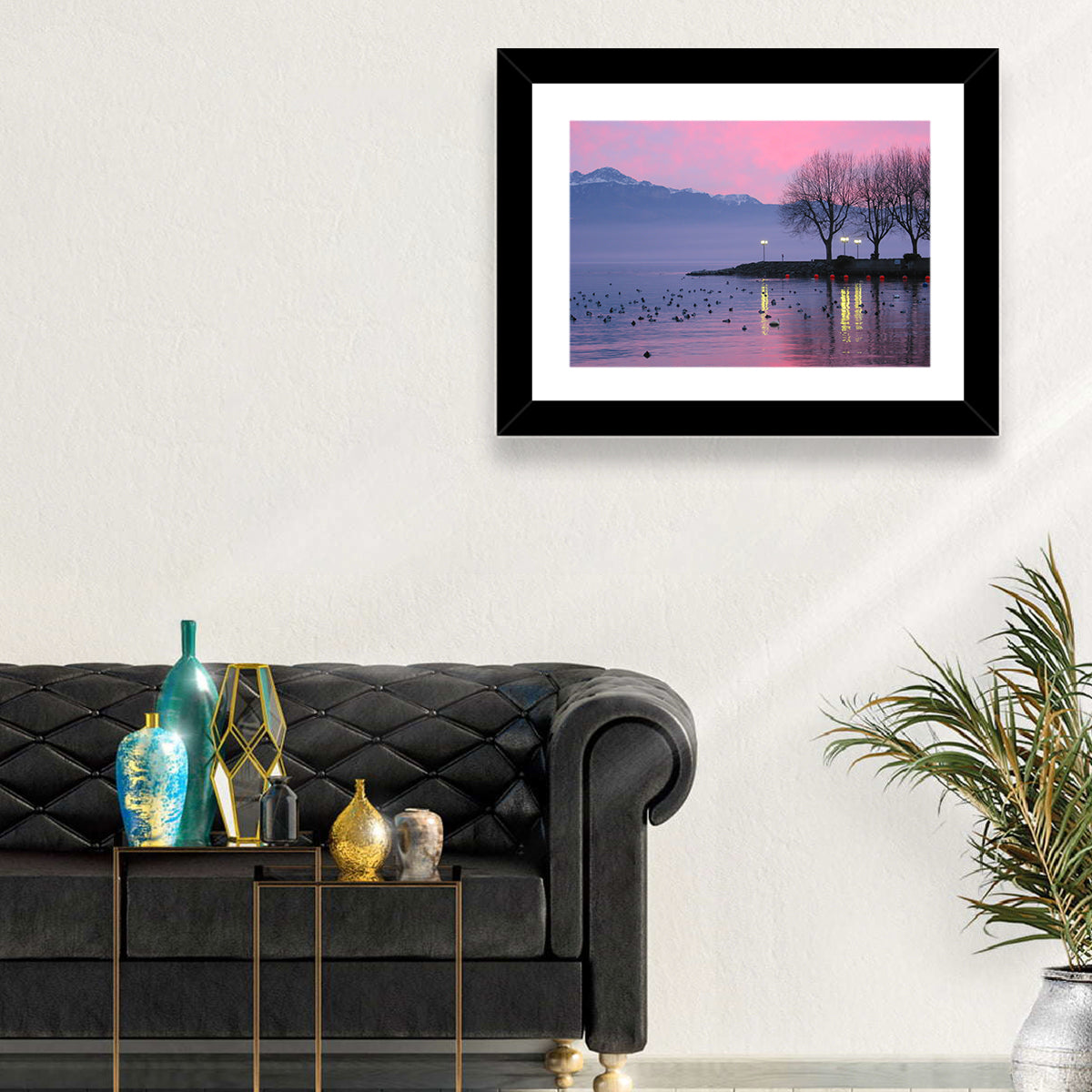 Lake Geneva Twilight Wall Art in a room, landscape