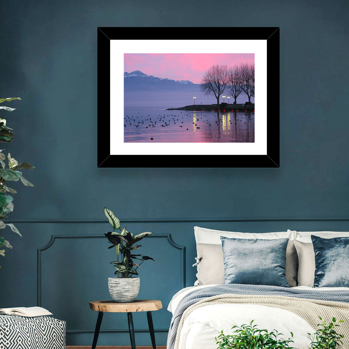 Lake Geneva Twilight Wall Art in a room, landscape