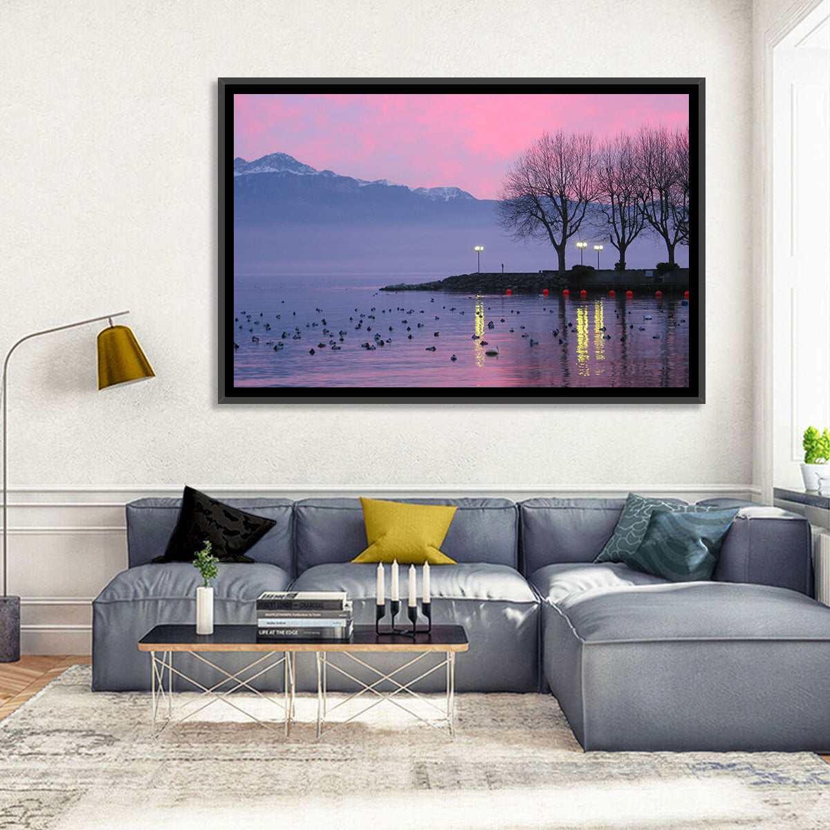 Lake Geneva Twilight Wall Art in a room, landscape