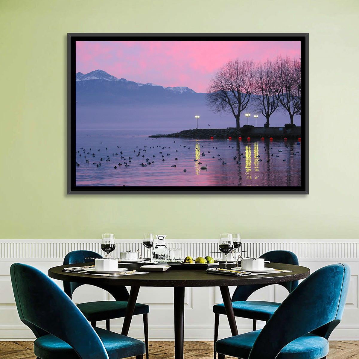Lake Geneva Twilight Wall Art in a room, landscape