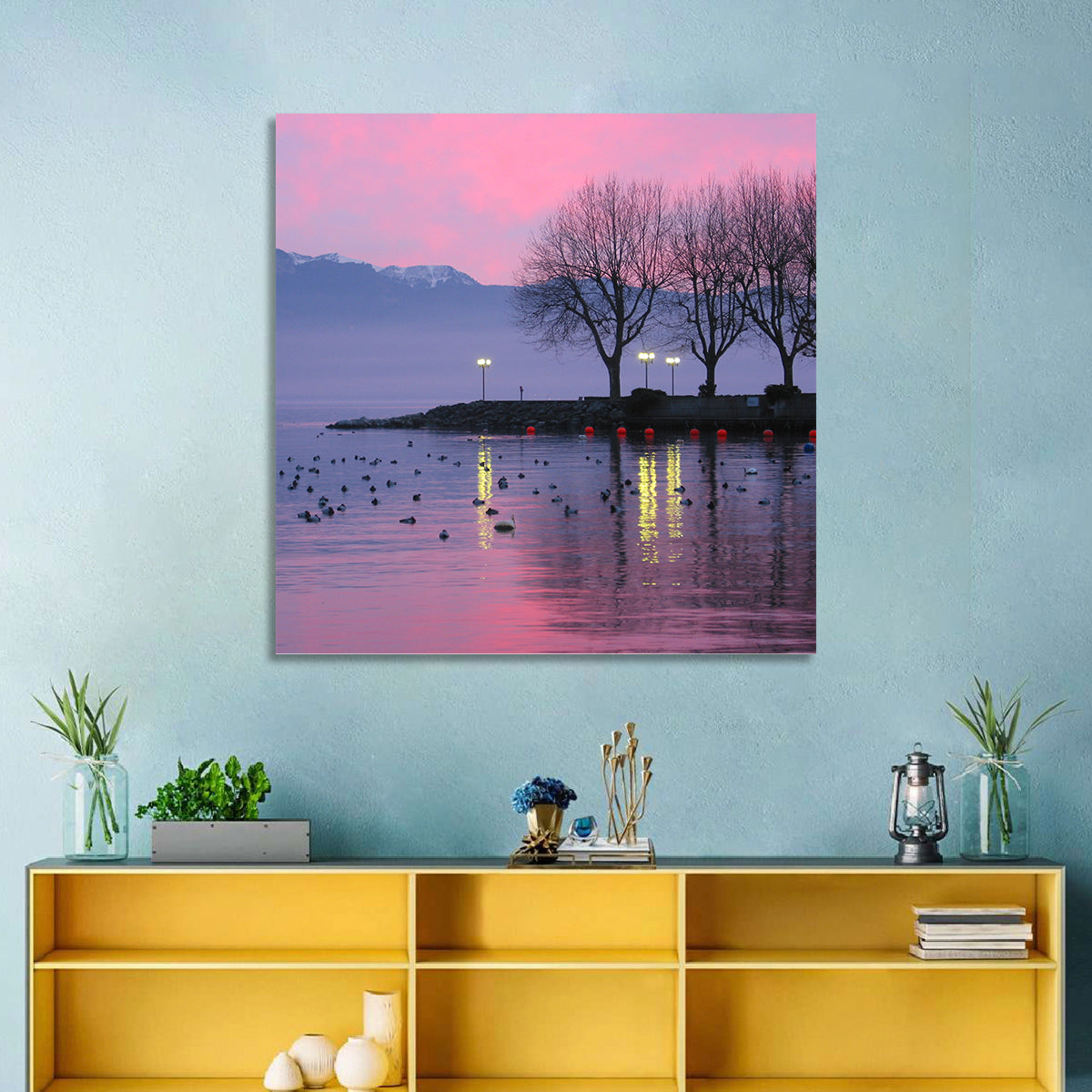 Lake Geneva Twilight Wall Art in a room, landscape