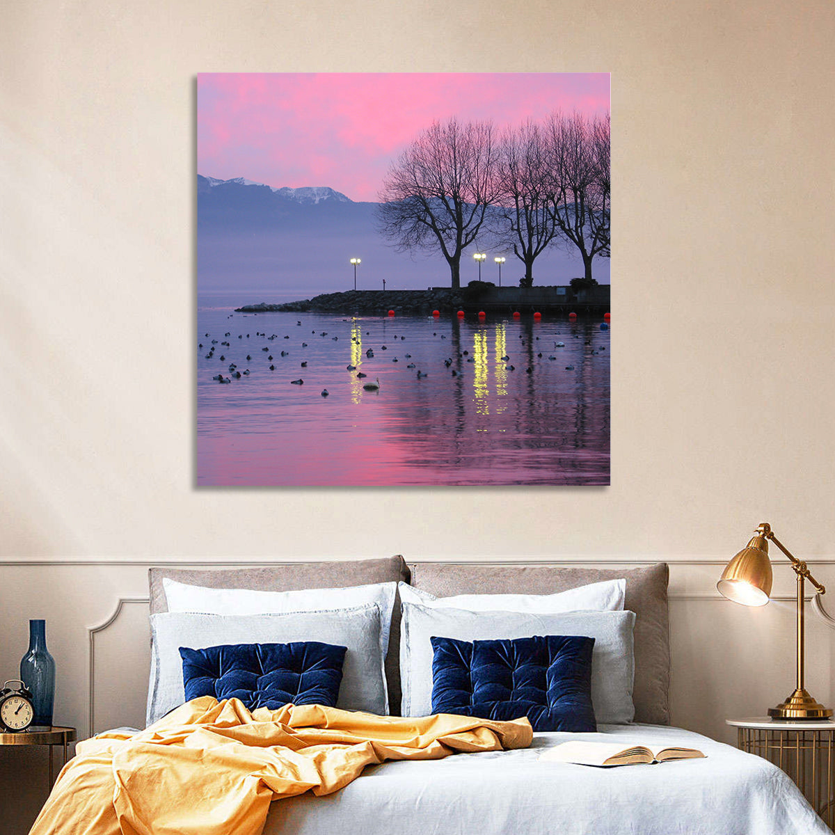 Lake Geneva Twilight Wall Art in a room, landscape