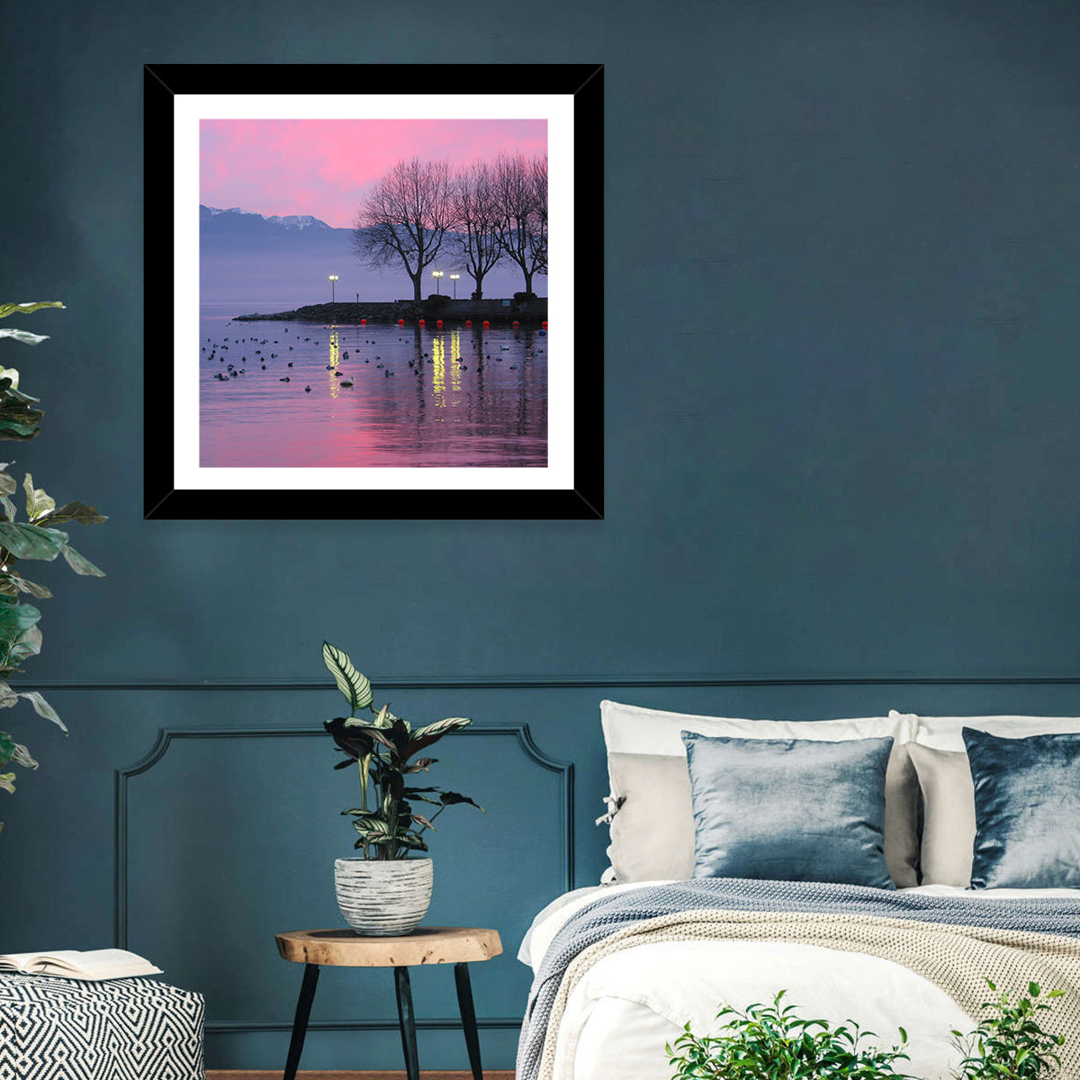 Lake Geneva Twilight Wall Art in a room, landscape