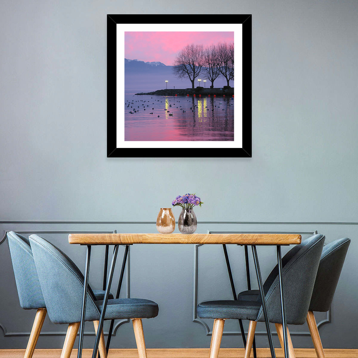 Lake Geneva Twilight Wall Art in a room, landscape