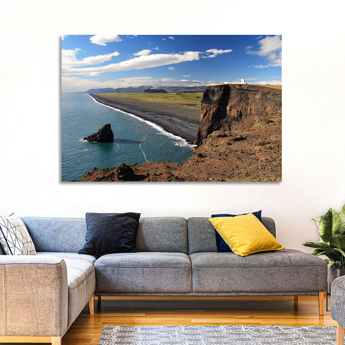 Dyrhólaey Black Sand Beach and Sea Stack Wall Art in a room, landscape
