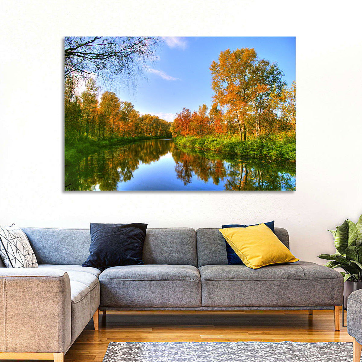Autumn River Wall Art in a room, landscape