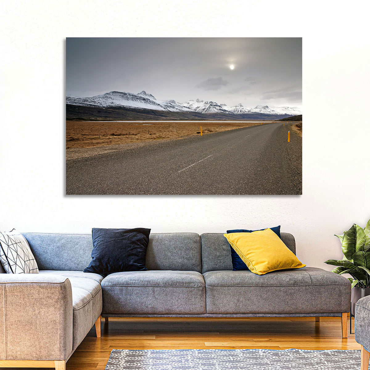 Icelandic Road to Snow-capped Mountains Wall Art in a room, landscape