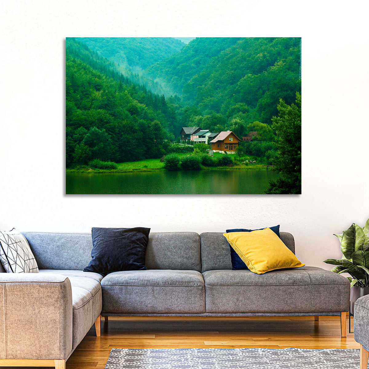 Mist Over Lake Tarnita Wall Art in a room, landscape