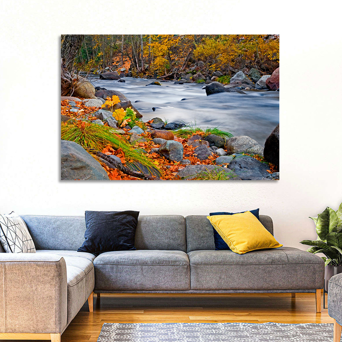 Golden Autumn Forest Creek Wall Art in a room, landscape
