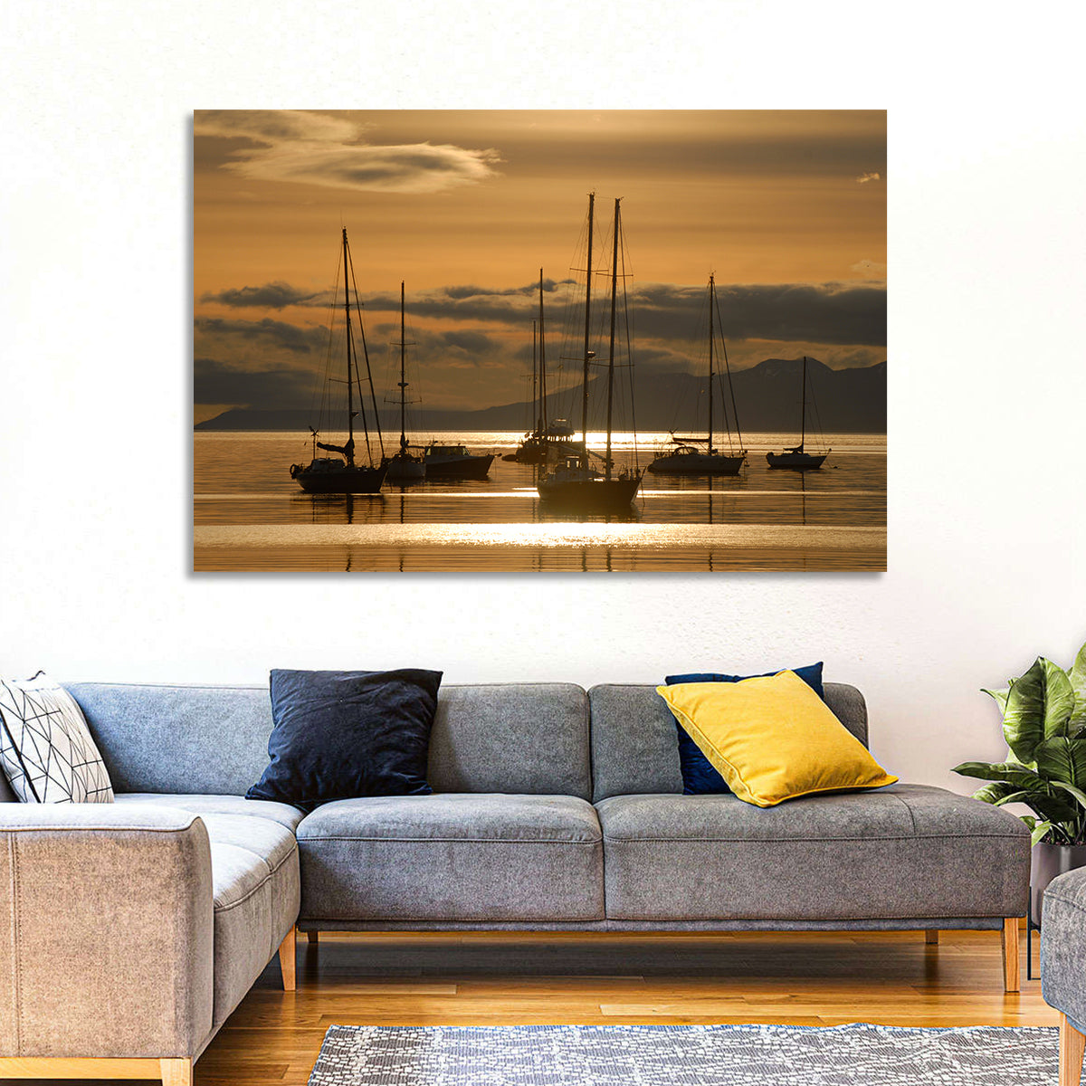 Sailboats at Sunrise Wall Art in a room, landscape