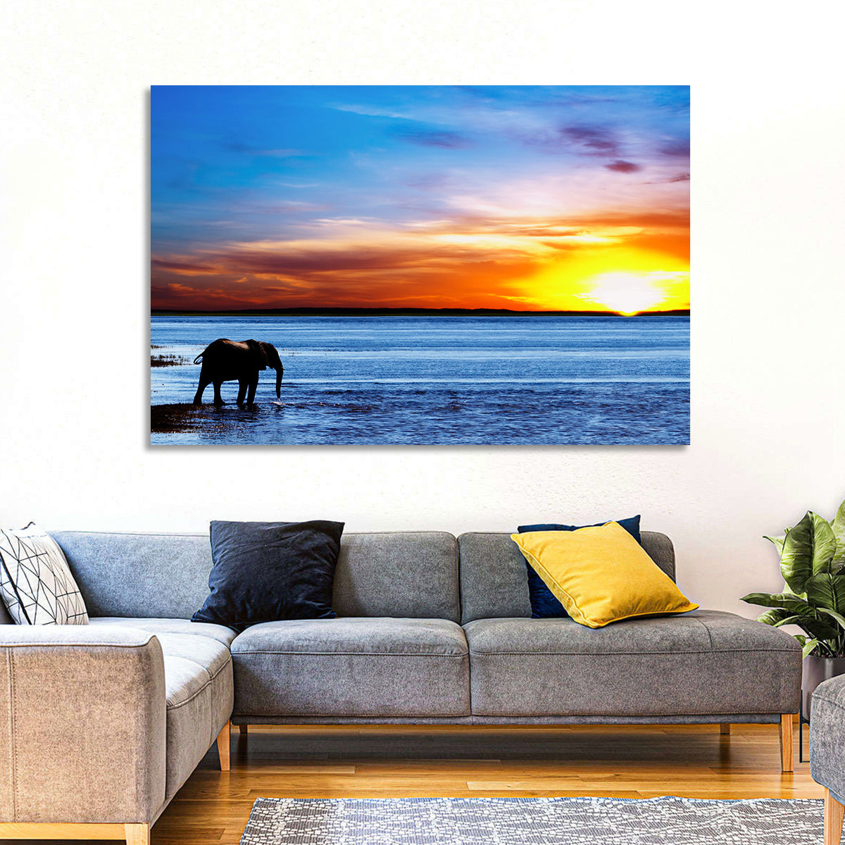 Elephant Silhouette at Beach Sunset Wall Art in a room, landscape
