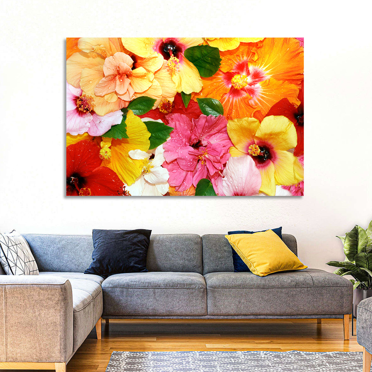 Vibrant Hibiscus Close-up Wall Art in a room, landscape