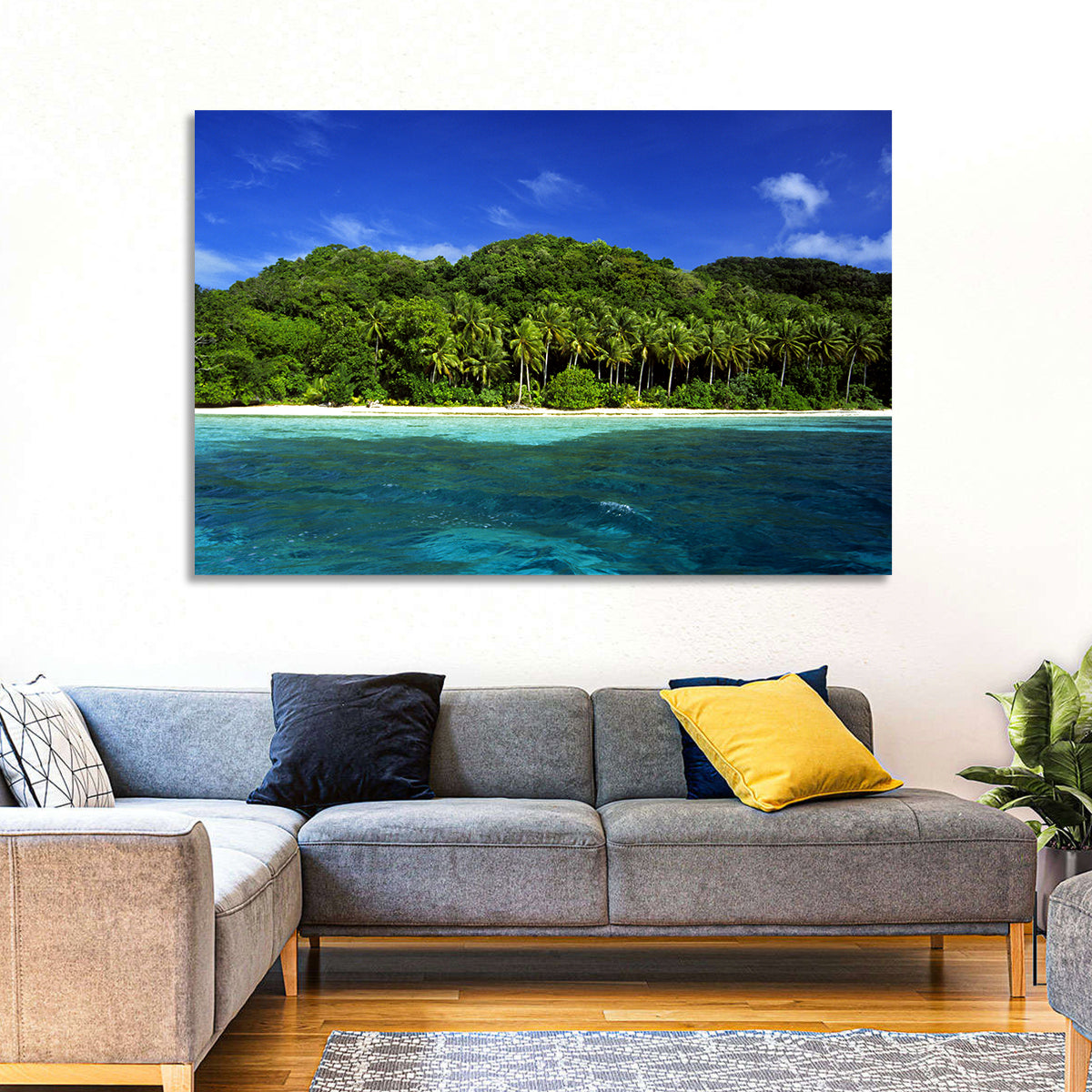 Turquoise Tropical Island Scene Wall Art in a room, landscape