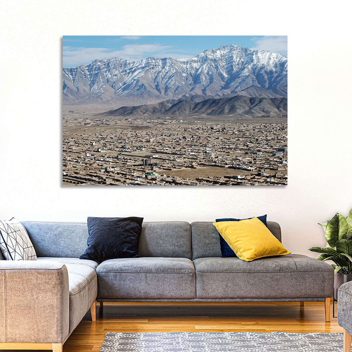 Kabul from Above with Snow-capped Mountains Wall Art in a room, landscape