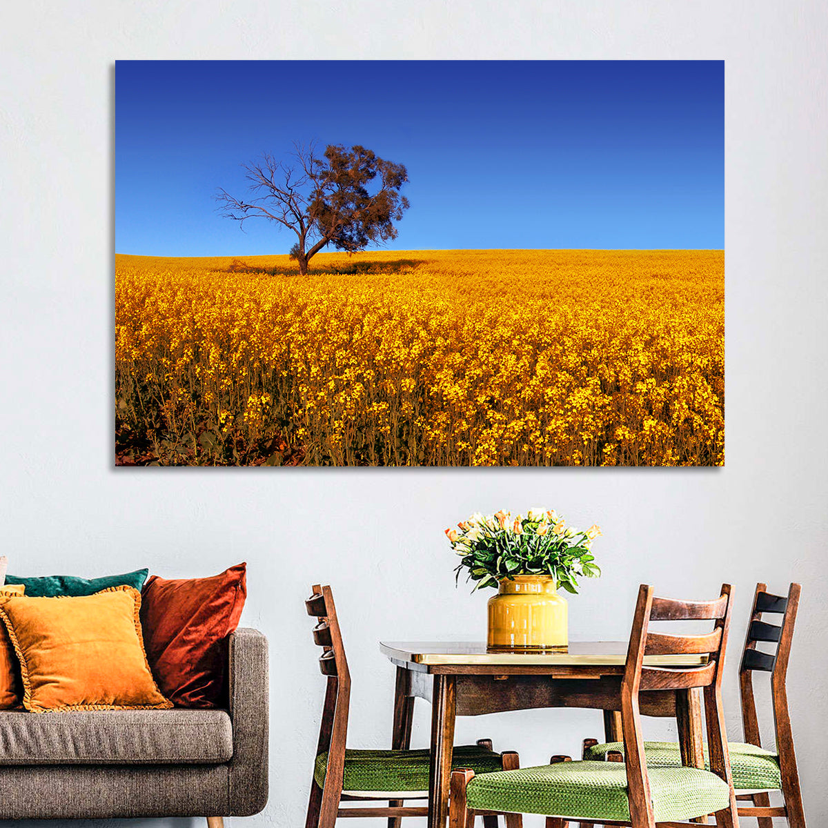 Canola Field with Lone Tree Wall Art in a room, landscape