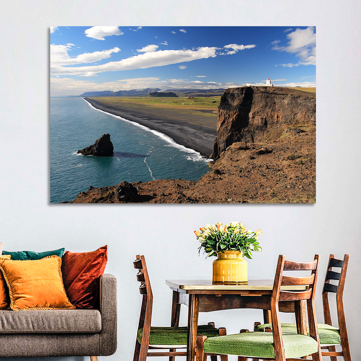 Dyrhólaey Black Sand Beach and Sea Stack Wall Art in a room, landscape
