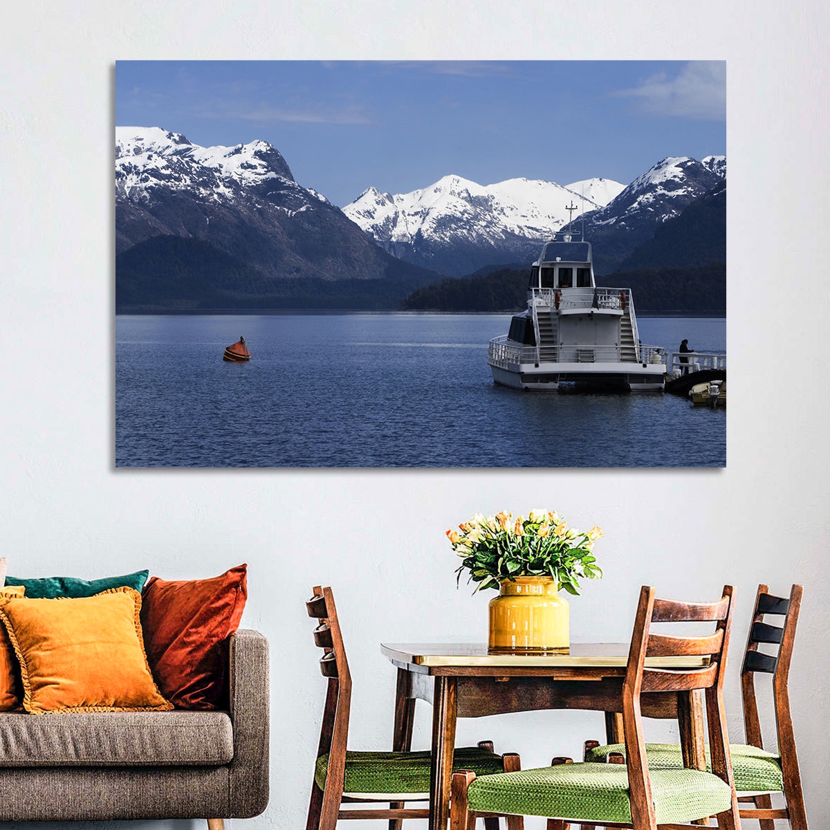 Lake Nahuel Huapi Catamaran and Snow-capped Mountains Wall Art in a room, landscape