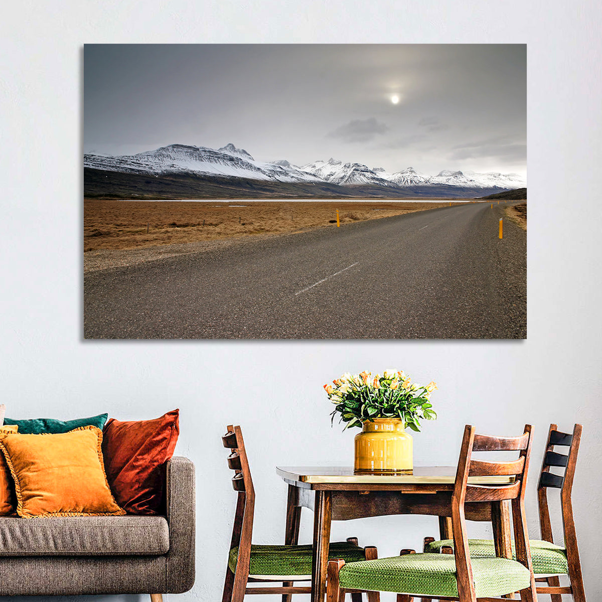 Icelandic Road to Snow-capped Mountains Wall Art in a room, landscape