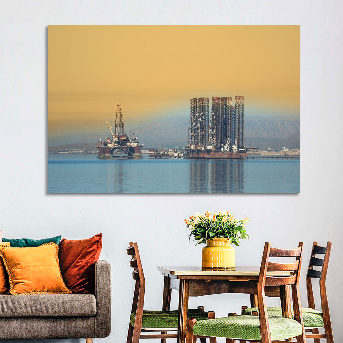 Baku Oil Rigs at Dusk Wall Art in a room, landscape