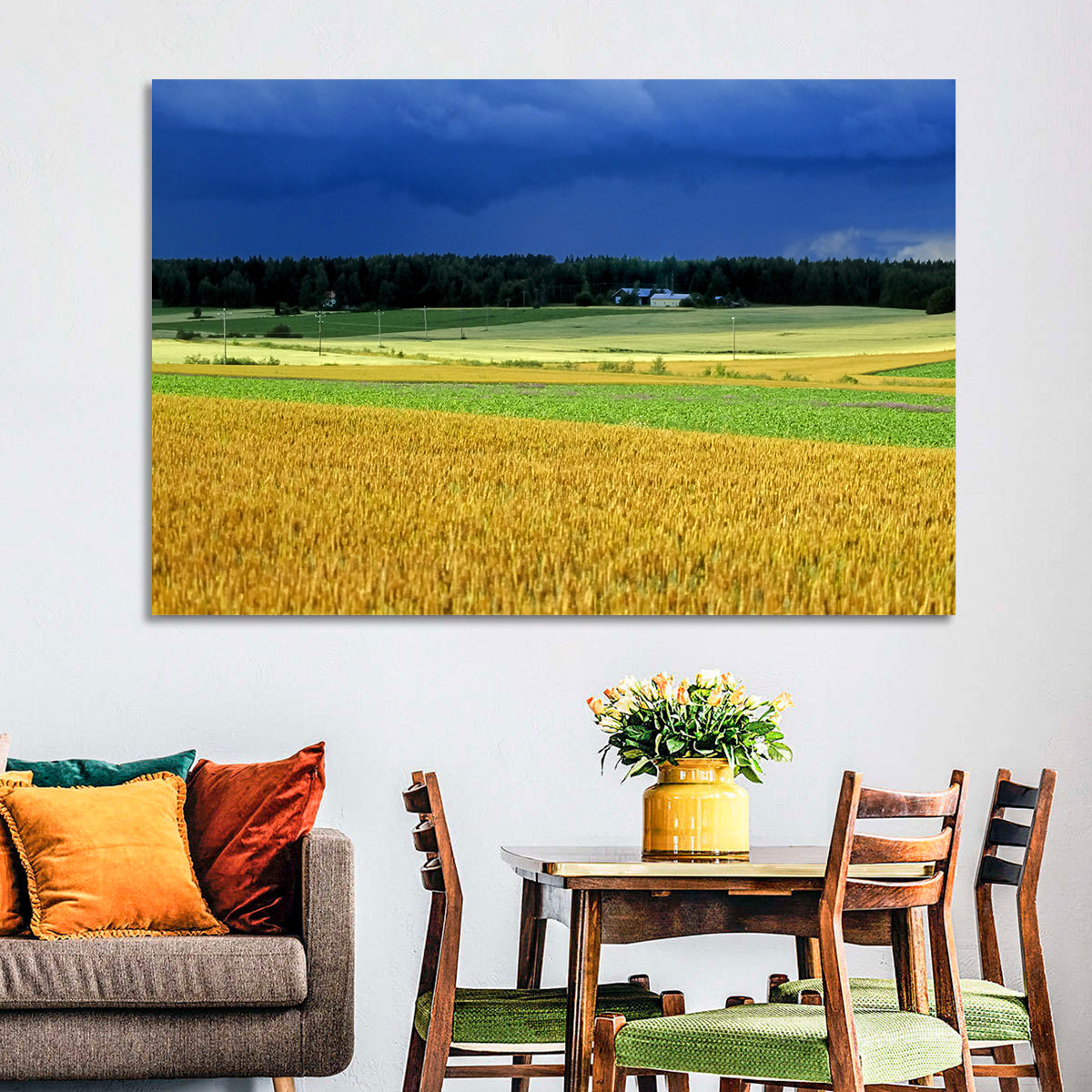 Cornfields Under Stormy Sky Wall Art in a room, landscape