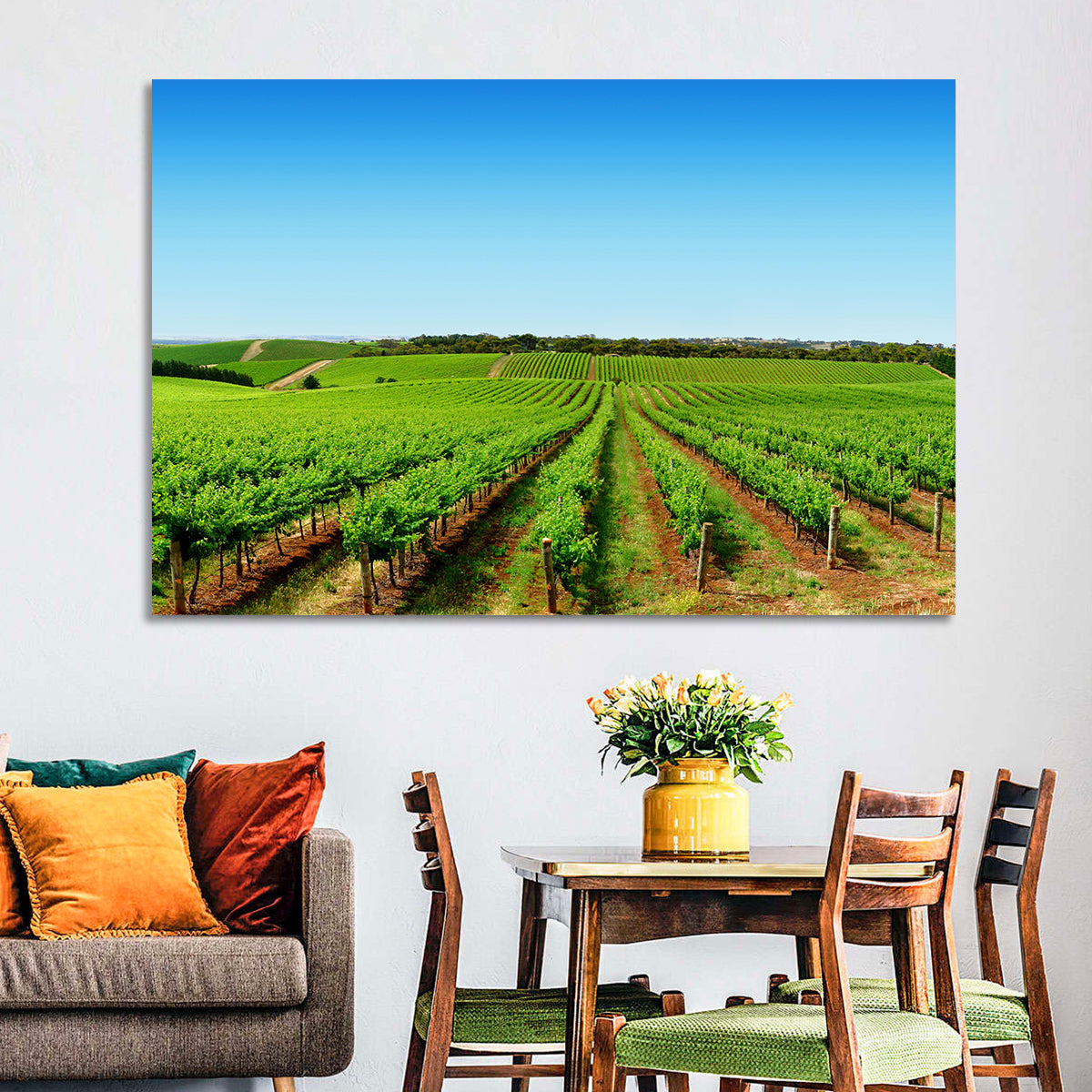 Sunlit Vineyard Rows Wall Art in a room, landscape