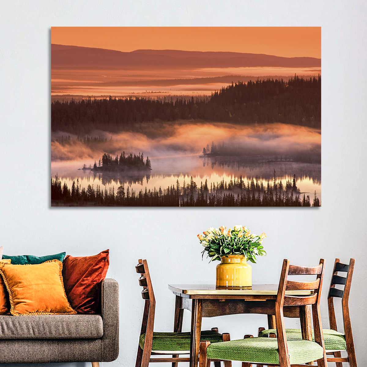 Lapland Sunrise Over Misty Lake Wall Art in a room, landscape