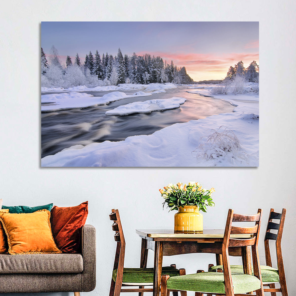 Kiiminkijoki Winter Sunrise Wall Art in a room, landscape
