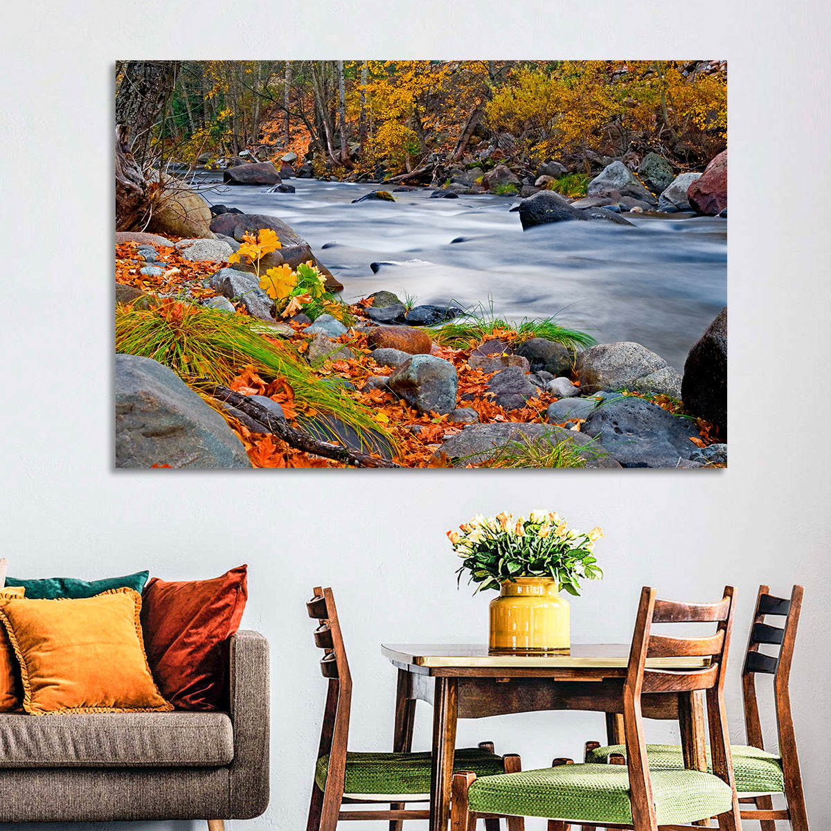 Golden Autumn Forest Creek Wall Art in a room, landscape