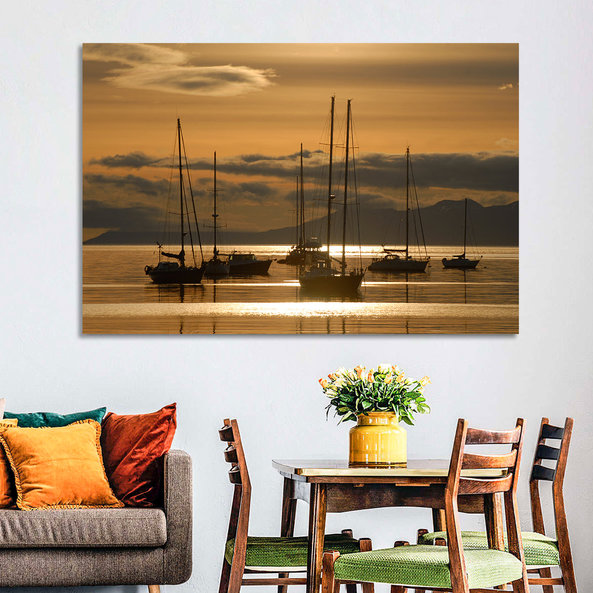 Sailboats at Sunrise Wall Art in a room, landscape