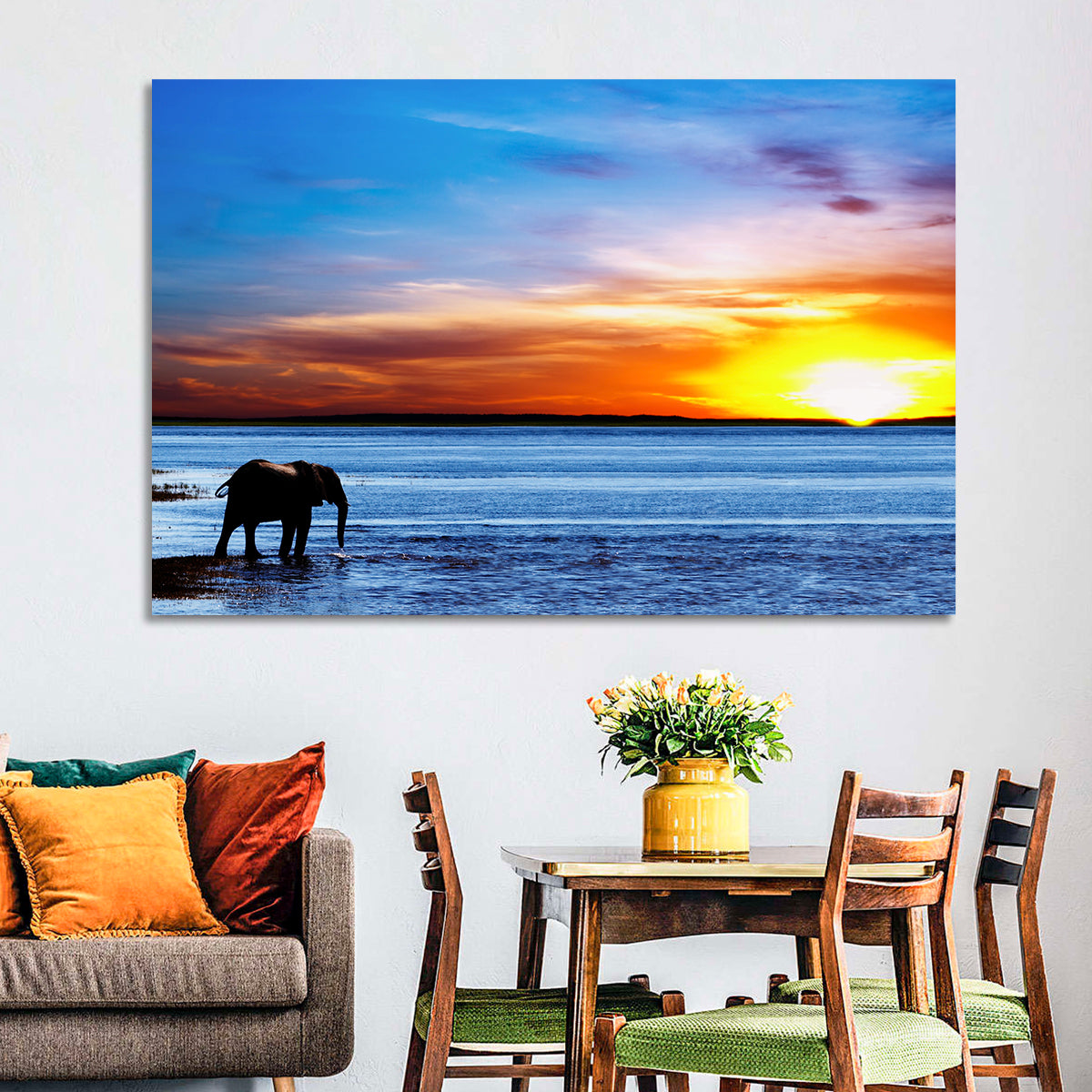 Elephant Silhouette at Beach Sunset Wall Art in a room, landscape