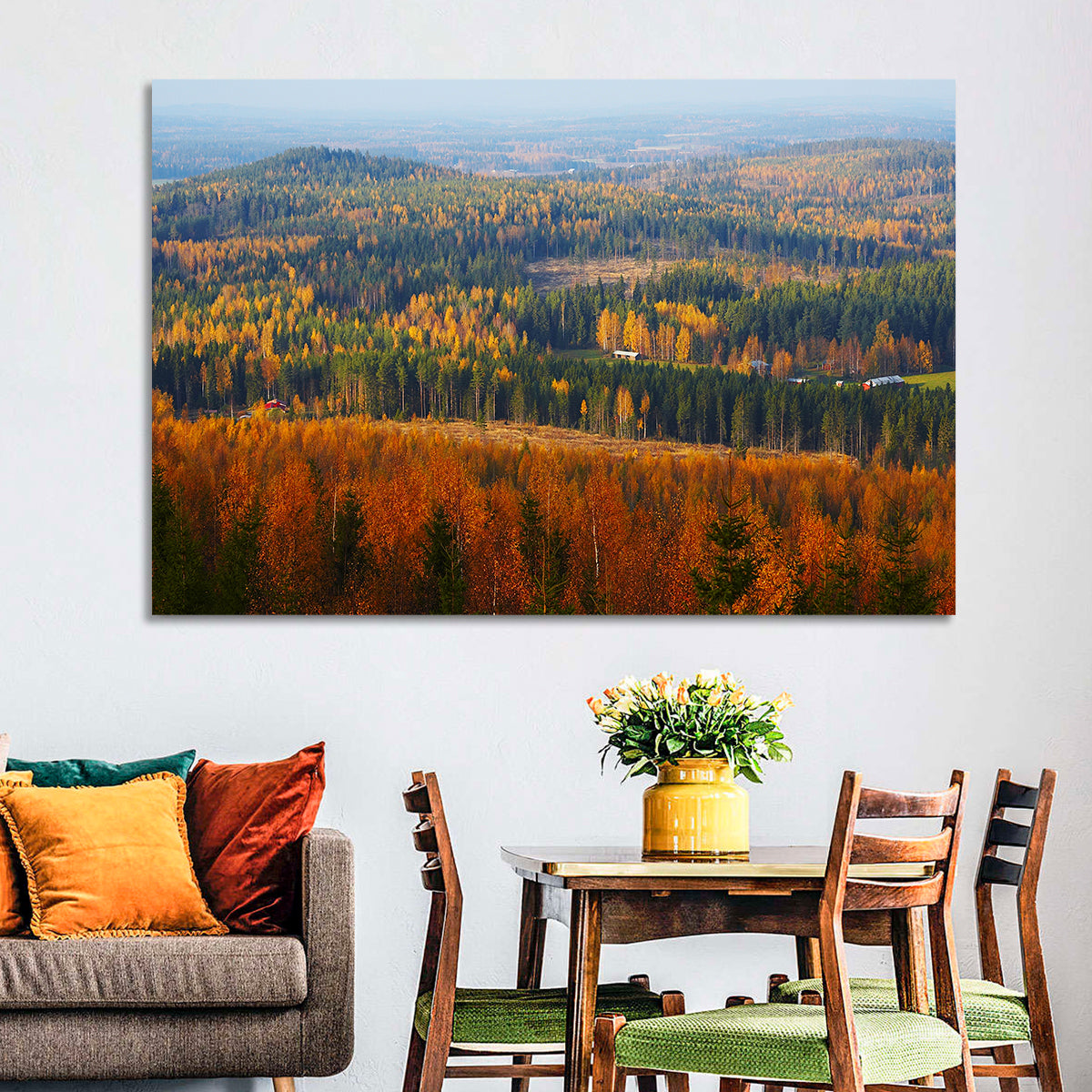 Finnish Autumn Landscape with Red-roofed House Wall Art in a room, landscape
