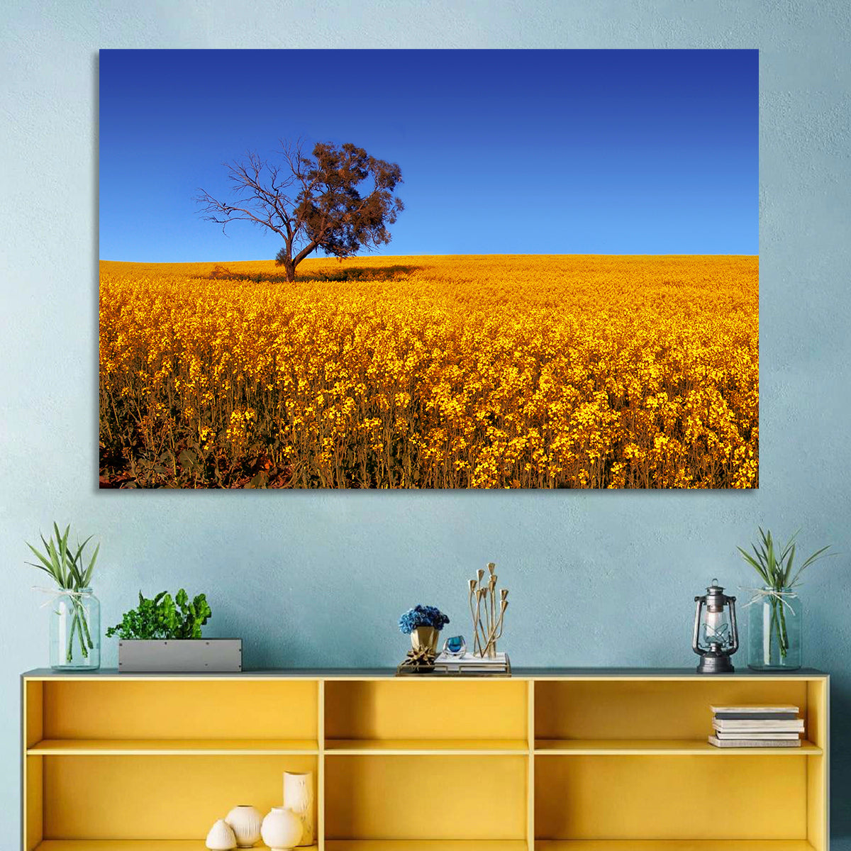 Canola Field with Lone Tree Wall Art in a room, landscape