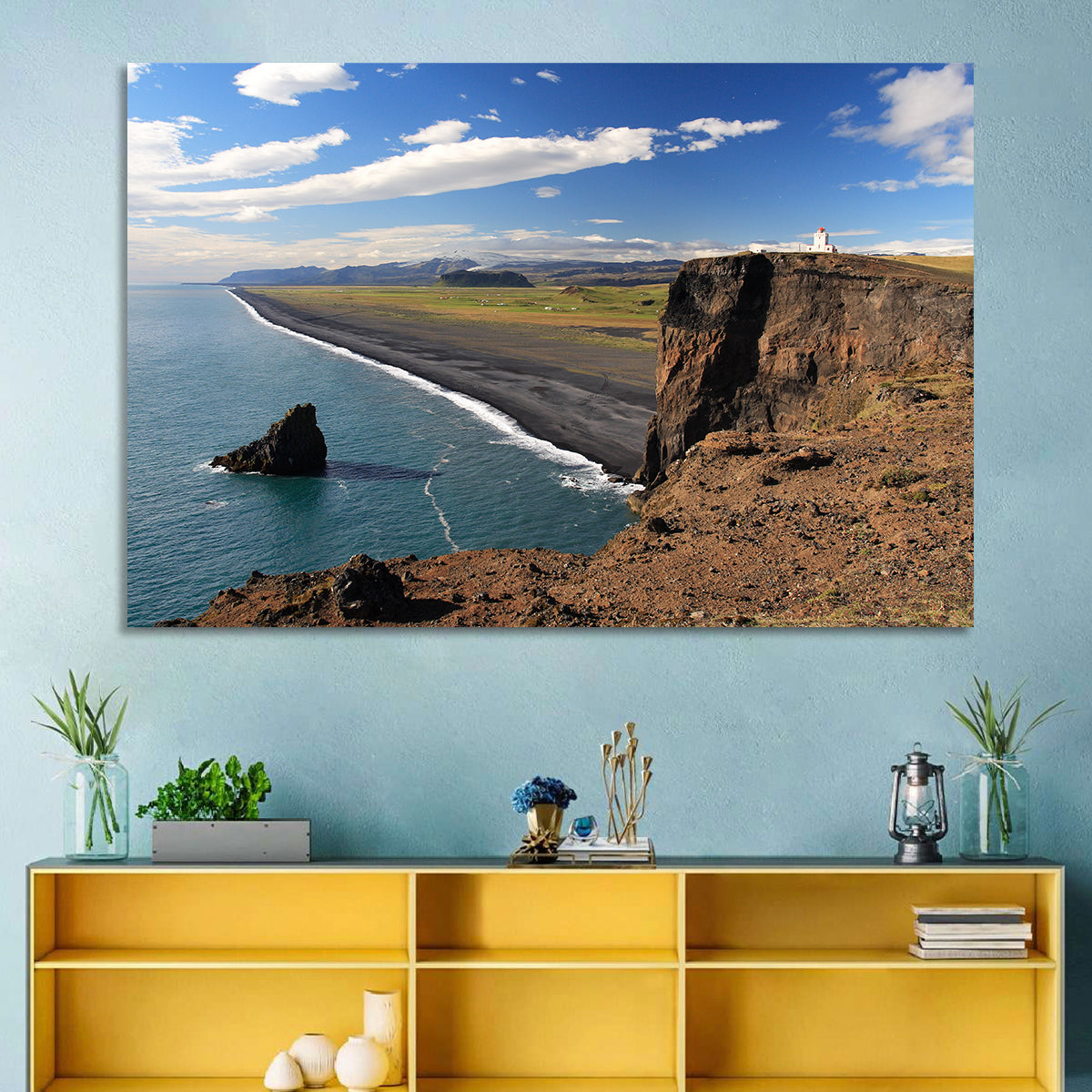 Dyrhólaey Black Sand Beach and Sea Stack Wall Art in a room, landscape