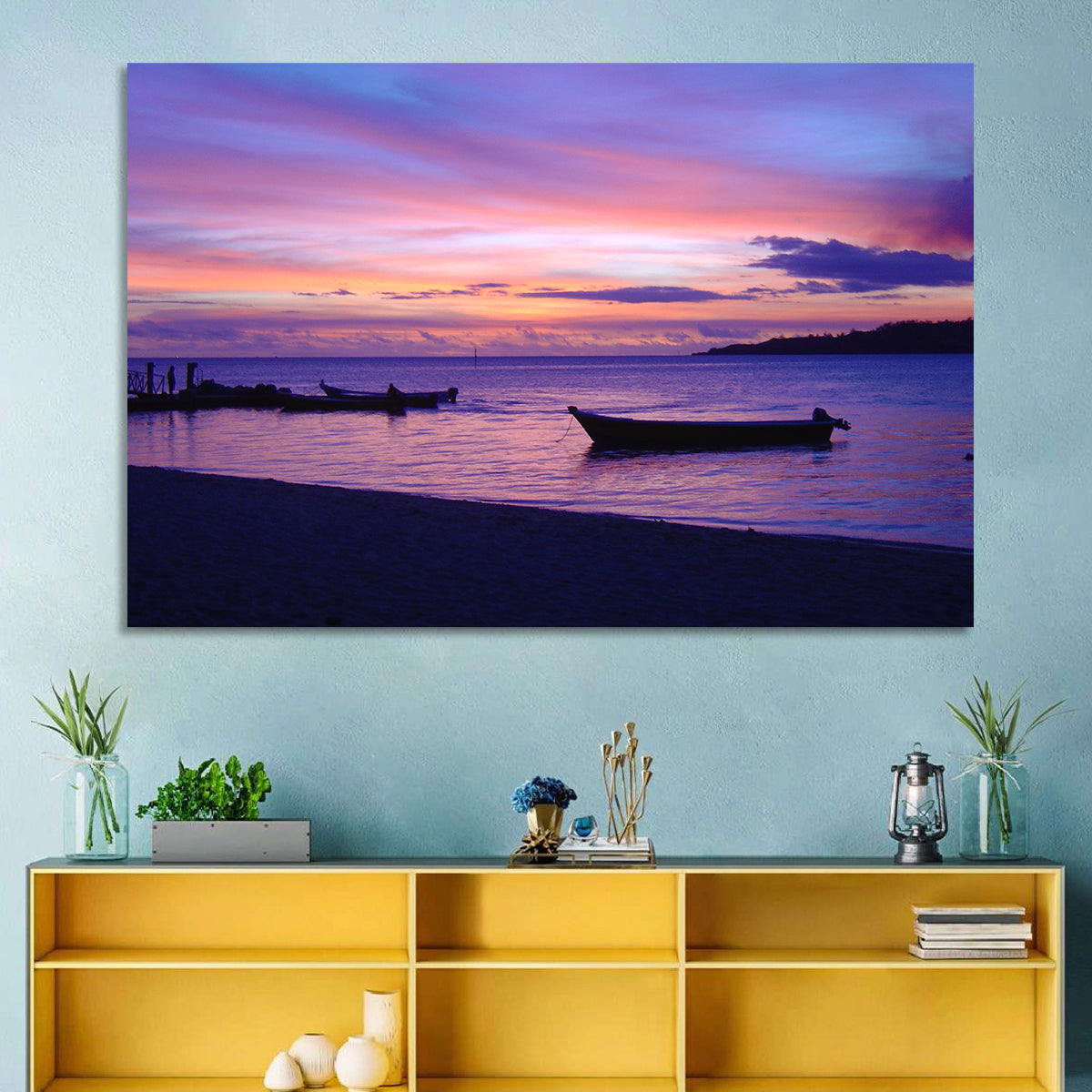 Malolo Island Sunset with Moored Boats Wall Art in a room, landscape