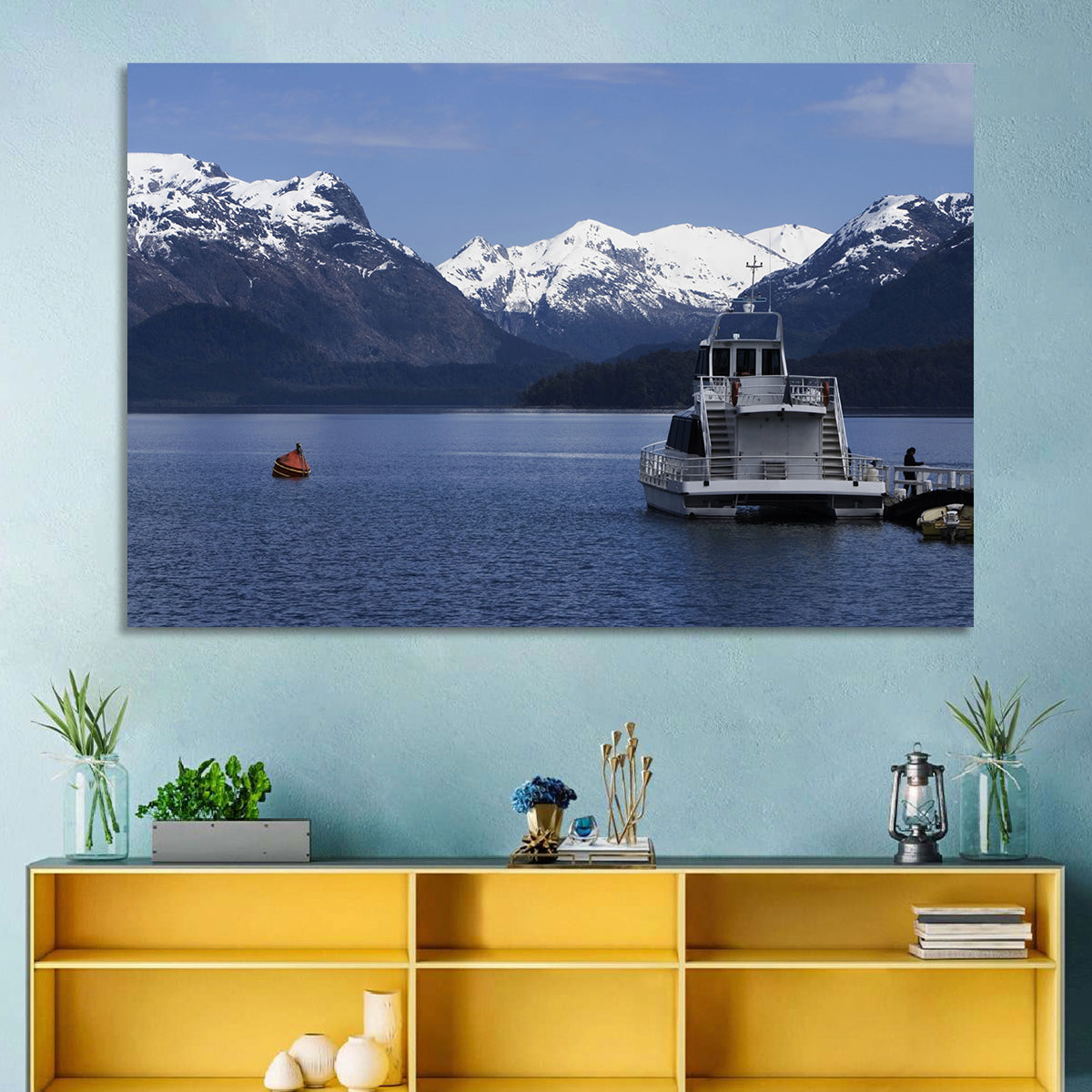 Lake Nahuel Huapi Catamaran and Snow-capped Mountains Wall Art in a room, landscape