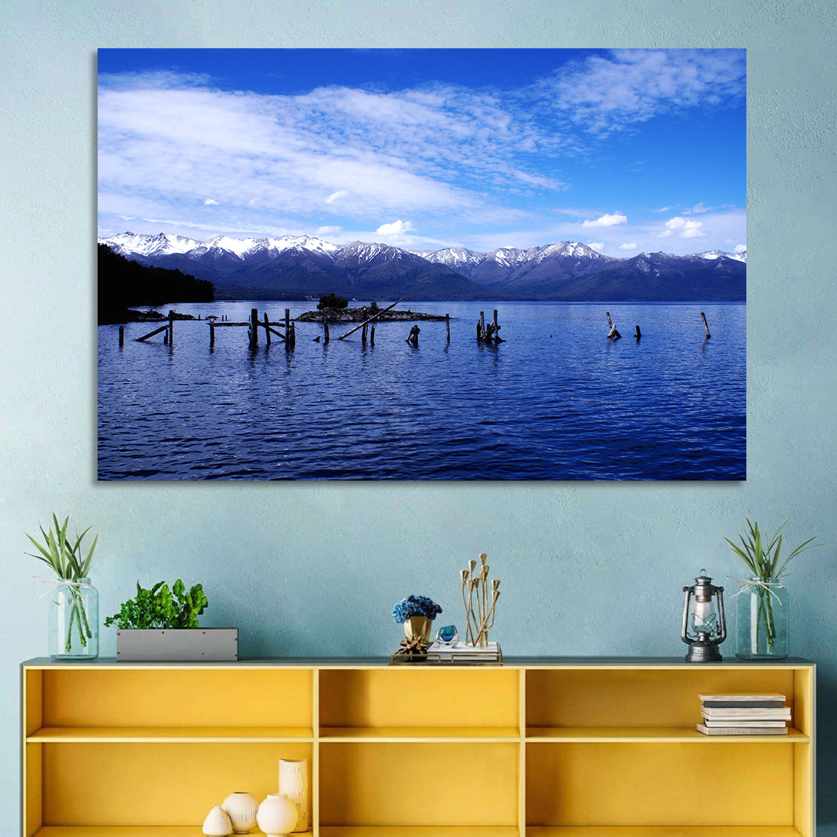 Nahuel Huapi Lake with Wooden Pilings Wall Art in a room, landscape