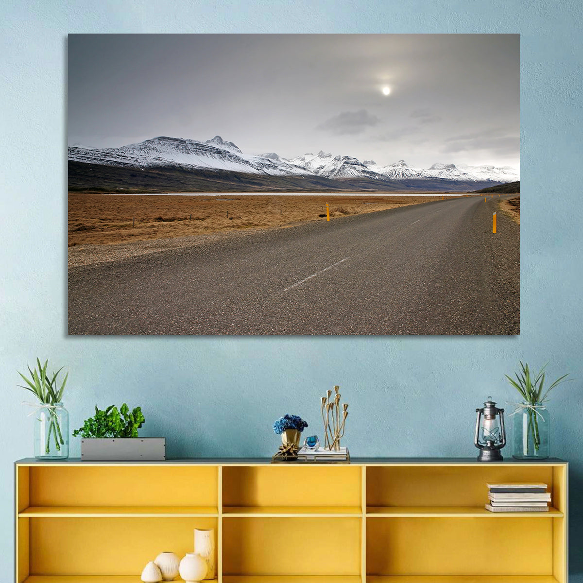 Icelandic Road to Snow-capped Mountains Wall Art in a room, landscape
