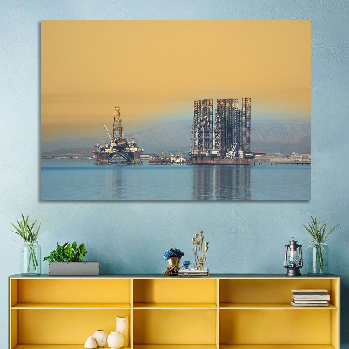 Baku Oil Rigs at Dusk Wall Art in a room, landscape