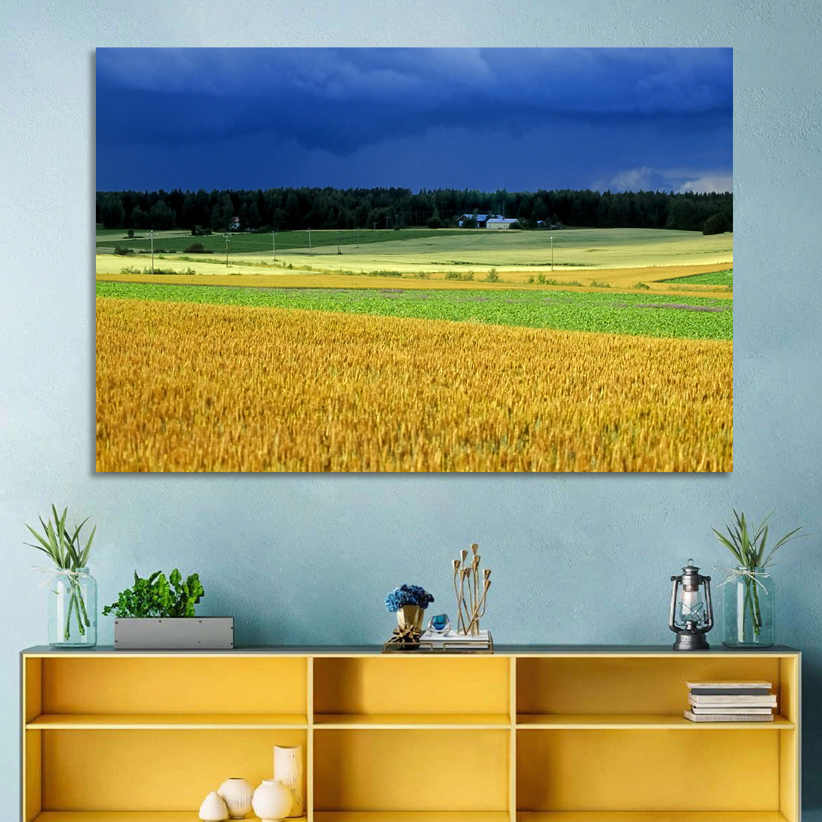 Cornfields Under Stormy Sky Wall Art in a room, landscape